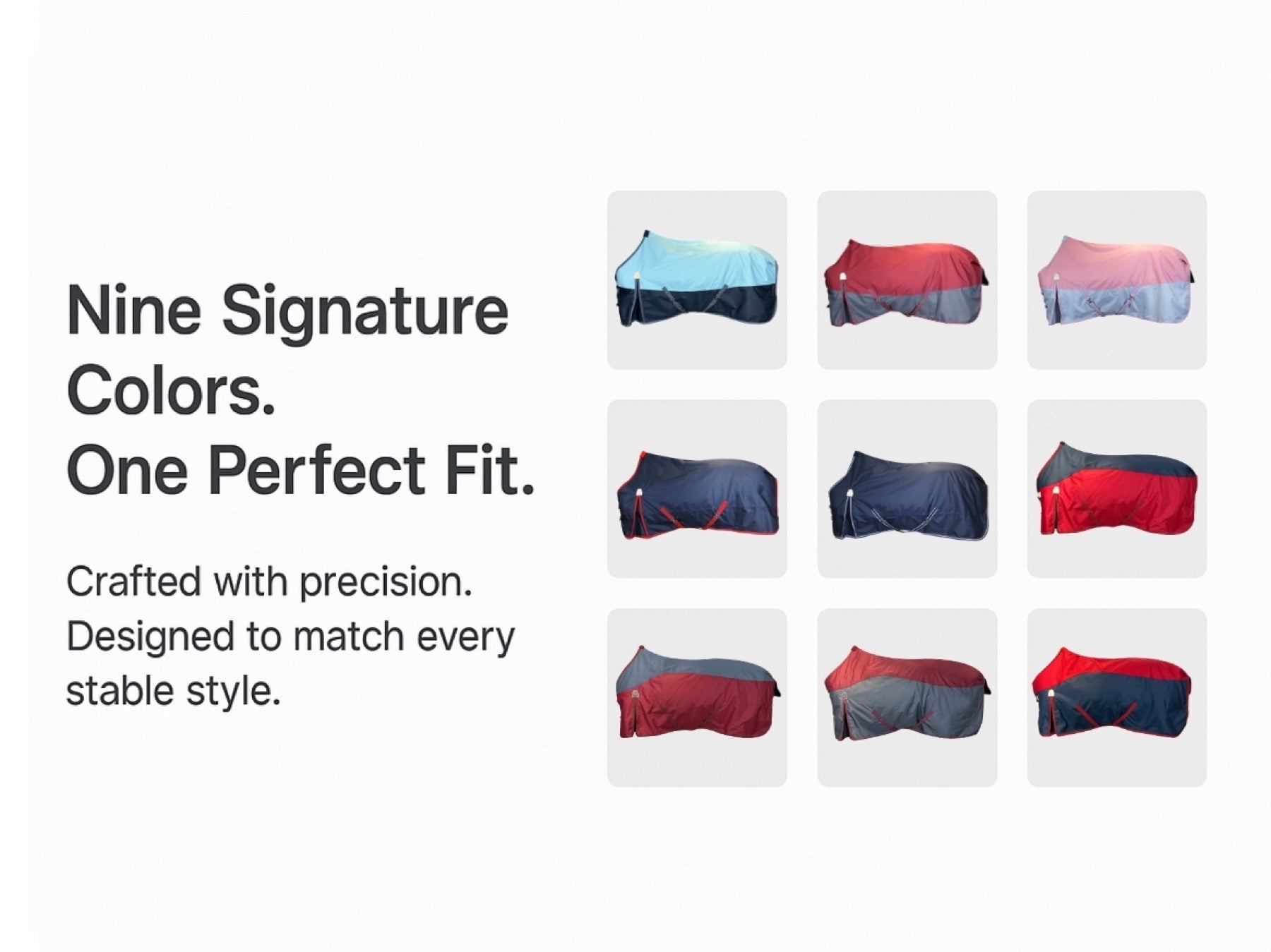 Nine BARN & STABLE 600D horse sheet colorways