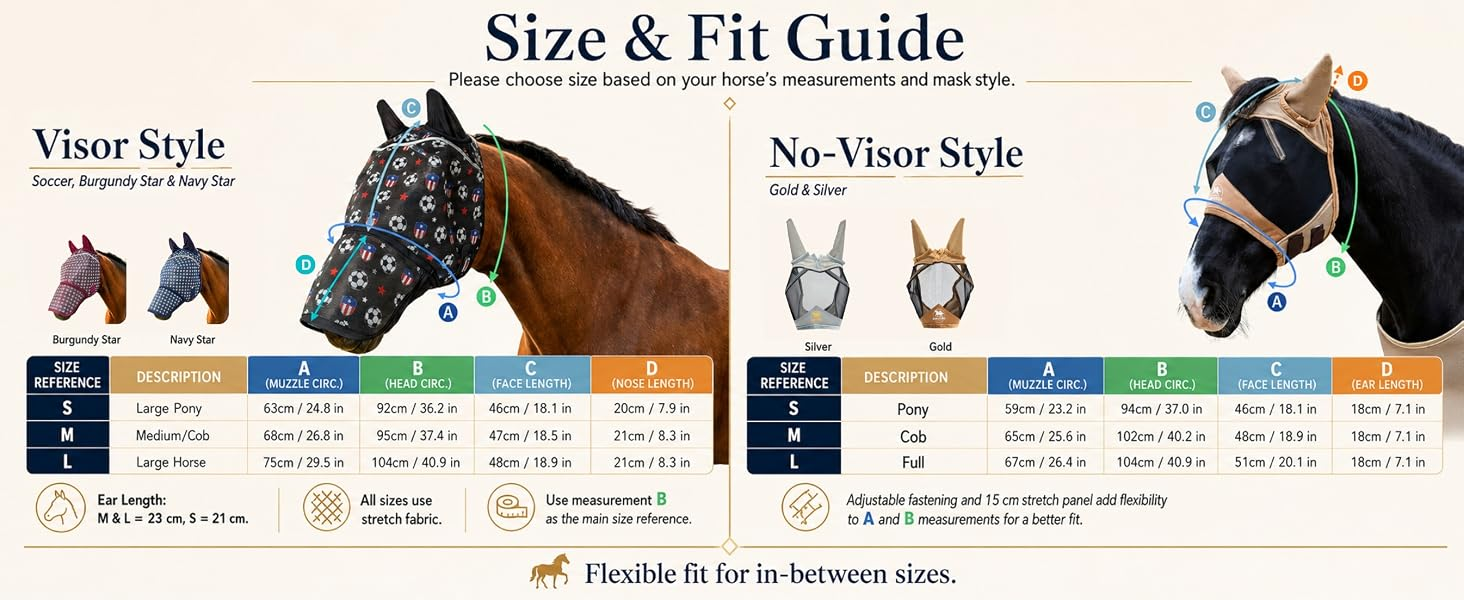 Fly mask size and fit guide for visor and no-visor styles