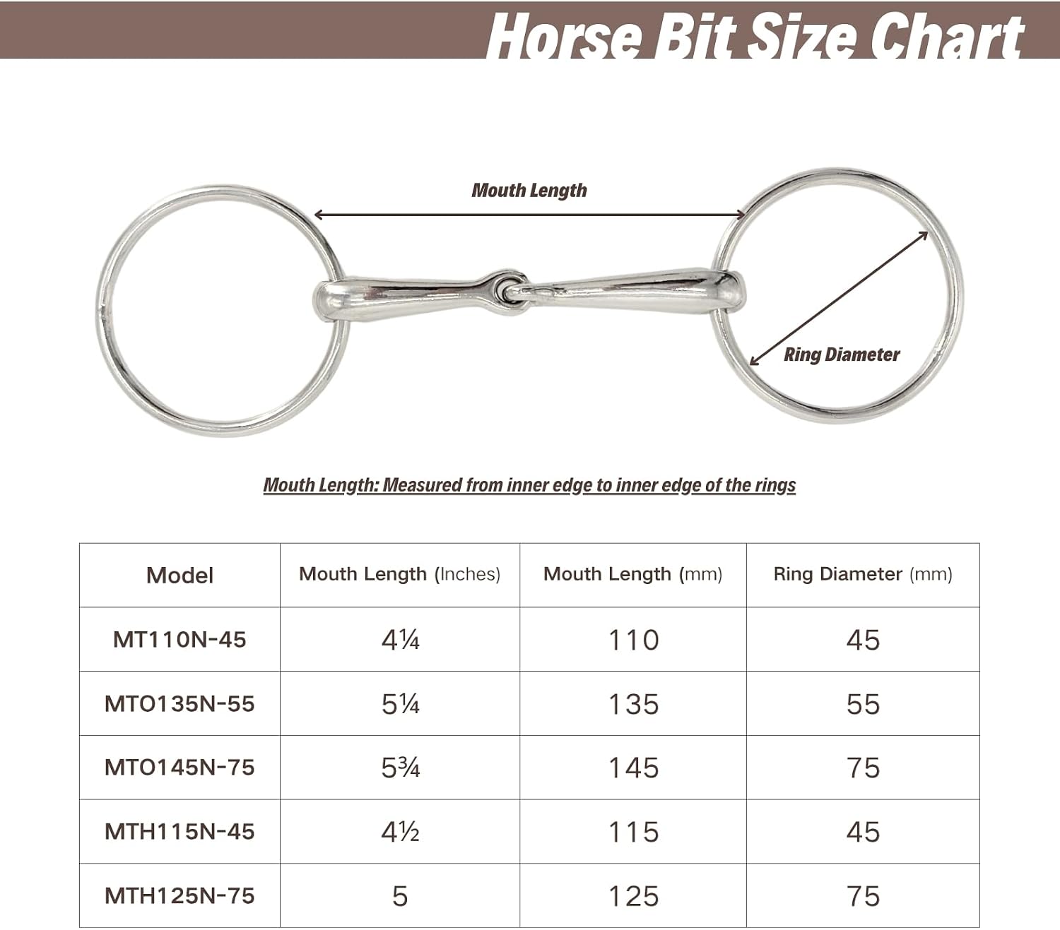 Snaffle bit product dimensions and size reference