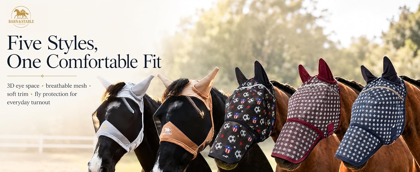 Five BARN & STABLE horse fly mask styles