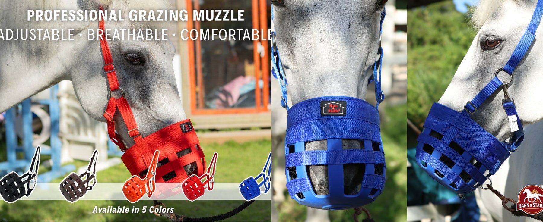 BARN & STABLE grazing muzzles in red and blue on horses